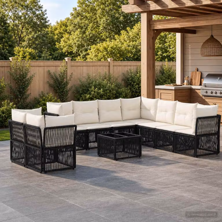 Set Divano da Giardino vidaXL 10 Pezzi a Forma di L con Tavolino, Polyrattan e Cuscini Imbottiti, Colore Nero