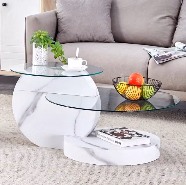 Tavolino da salotto ULEVR a due livelli 78,5 x 78,5 x 24,5 cm in MDF e vetro, bianco e trasparente