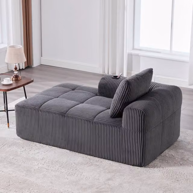 Divano OKWISH in velluto a coste grigio con portabicchieri e seduta in schiuma per soggiorno o camera da letto
