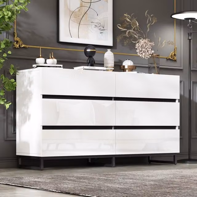 Madia da soggiorno moderna MIVRAY con 6 cassetti lucidi bianchi e gambe nere L/P/H: 140 x 39.5 x 78.5 cm – 1