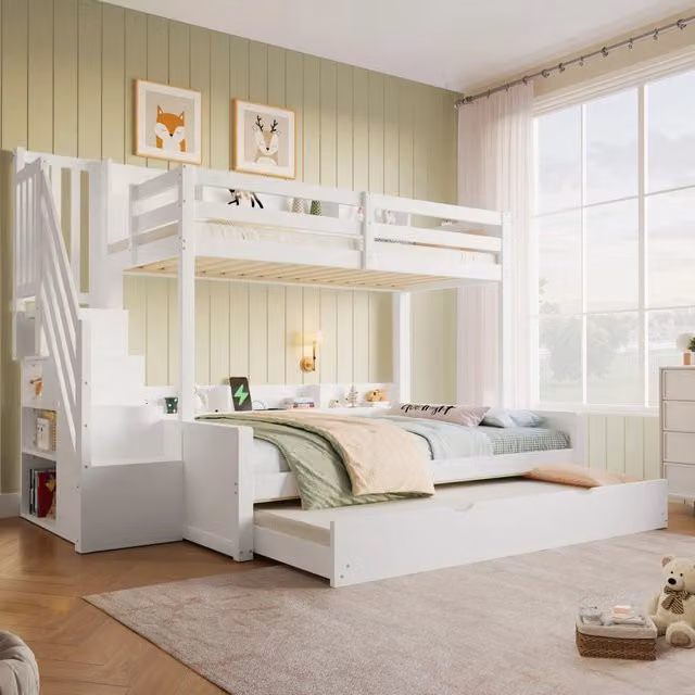 Letto a castello 90x200 cm con letto inferiore 140x200 cm; estraibile e USB; bianco