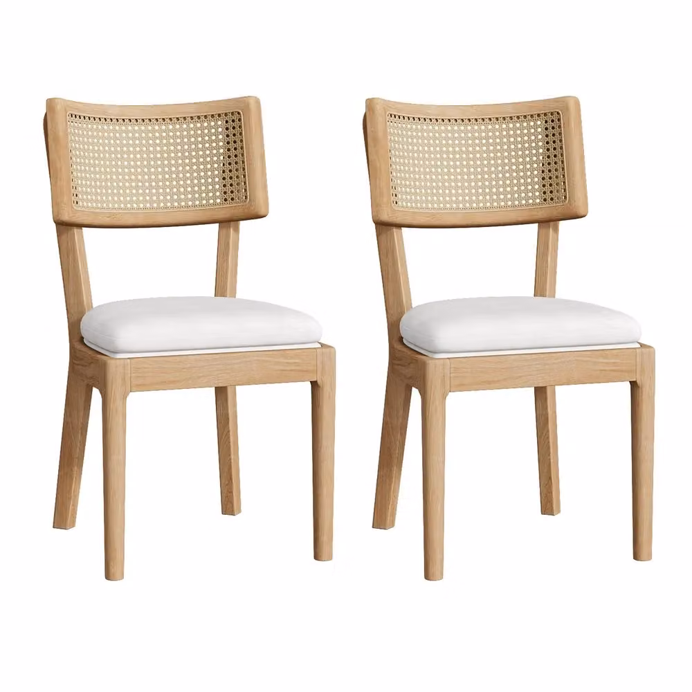 Set di 2 sedie da pranzo Minimal in rattan e legno massello con schienale imbottito, stile moderno, colore marrone – 2