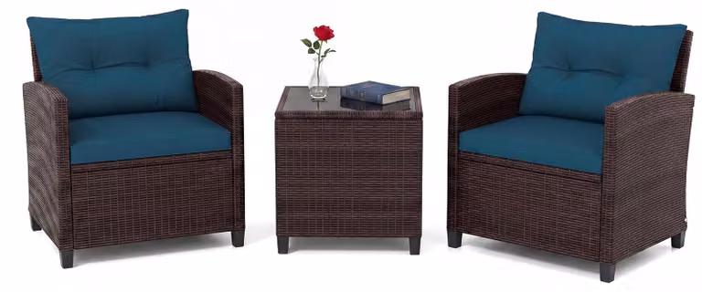 Set di mobili da giardino in rattan KOMFOTTEU, set di mobili da lounge per esterni con 2 poltrone, 1 tavolino, cuscini per seduta e schienale, mobili per balconi piccoli, mobili da lounge per giardino, mobili per terrazza per 2 persone
