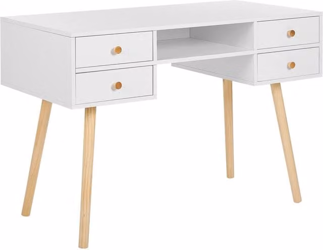 Scrivania da ufficio BELIANI in stile scandinavo bianca con 4 cassetti e gambe in legno di pino L: 110 cm, P: 55 cm, H: 78 cm
