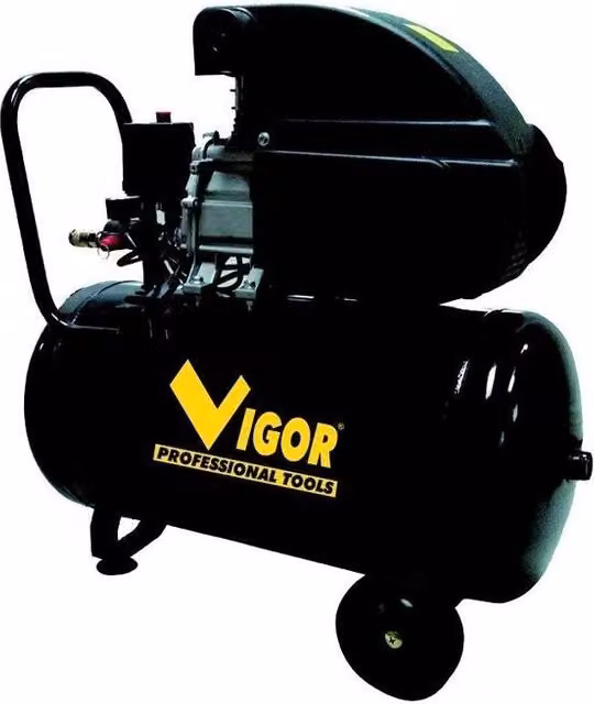 Compressore d'aria Vigour VCA-50L con 1 cilindro a trasmissione diretta, 2 HP, serbatoio da 50 L, pressione 8 bar e lubrificazione ad olio, colore nero