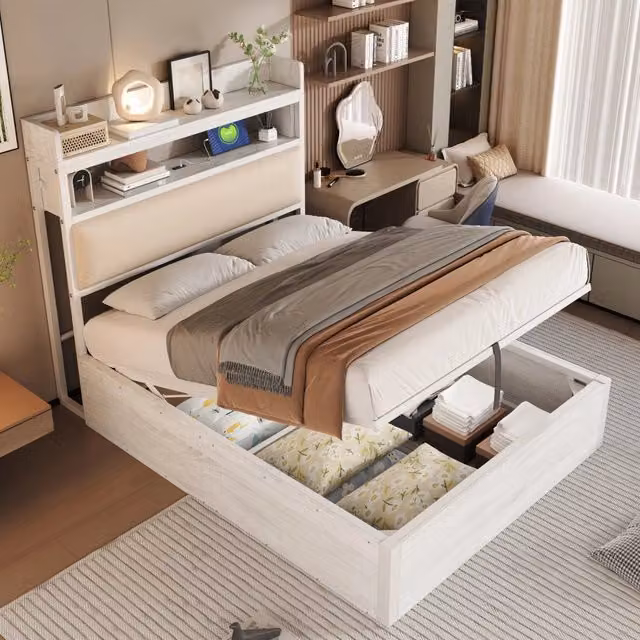 Letto singolo OKWISH con contenitore idraulico, porta USB e ripiano, colore bianco, L/P: 90 x 200 cm