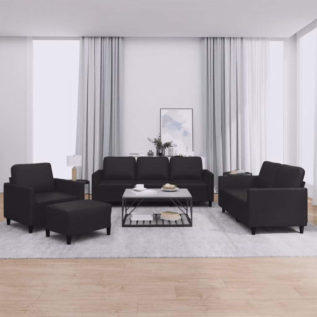 Set di divani vidaXL 4 pezzi in similpelle nera con cuscini e pouf per soggiorno – 1