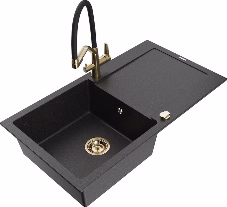 Mexen Leo lavello in granito a 1 vasca con scivolo e rubinetto da cucina Duo, nero/argento metallizzato - 6501-73-671701-57-G