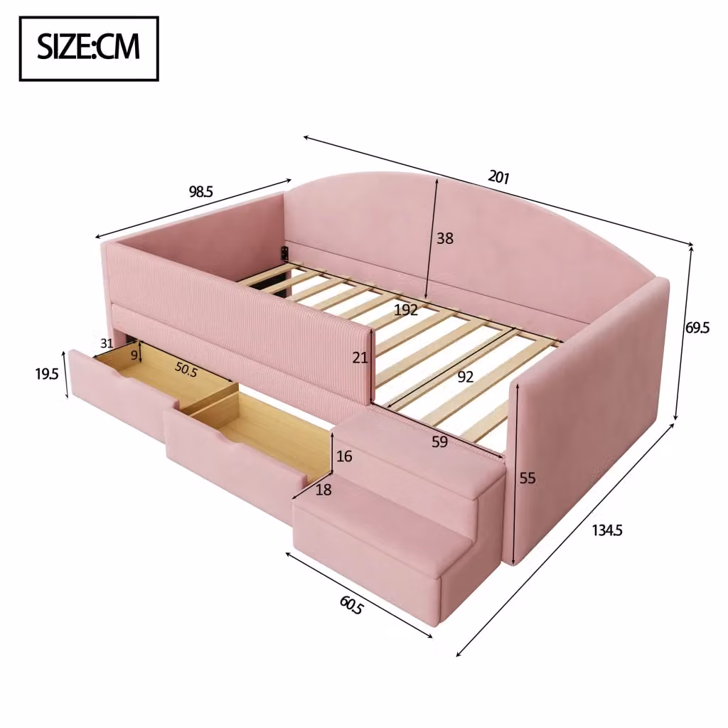 Letto imbottito REDOM per bambini in rosa con 2 cassetti e scaletta L/P: 90 x 190 cm – 2