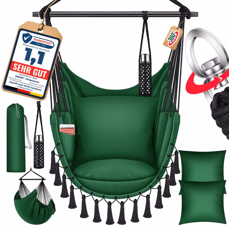 Sedia a dondolo sospesa KESSER® Safari XXL, fino a 150 kg, per adulti e bambini, da interno ed esterno, inclusi 2 cuscini