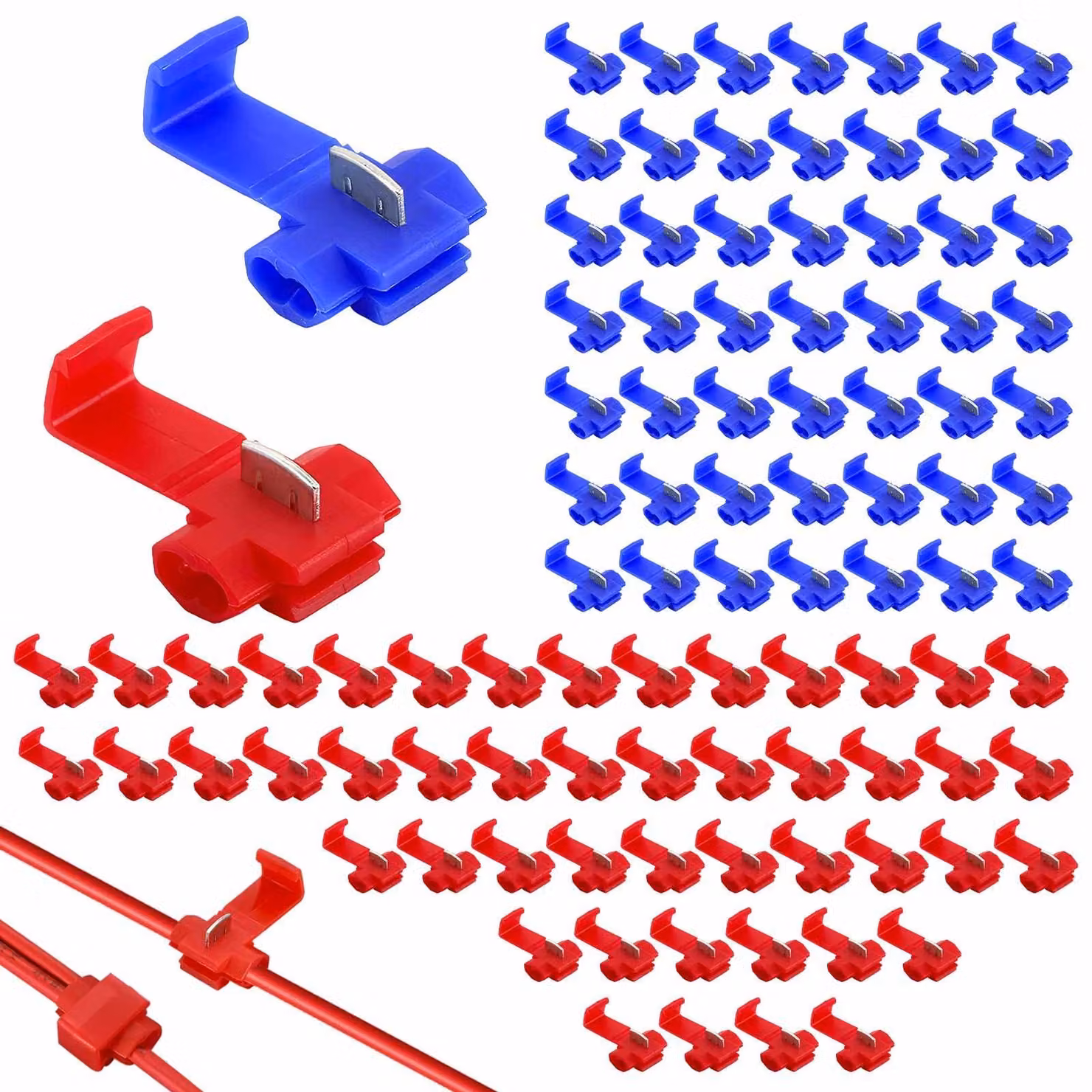 100 connettori per prelievo di corrente per auto, connettori di derivazione e connettori rapidi, di colore rosso e blu