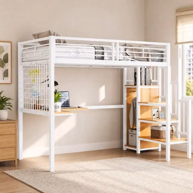Letto a soppalco 90x200 cm con armadio e scrivania; struttura in metallo e MDF; bianco e naturale