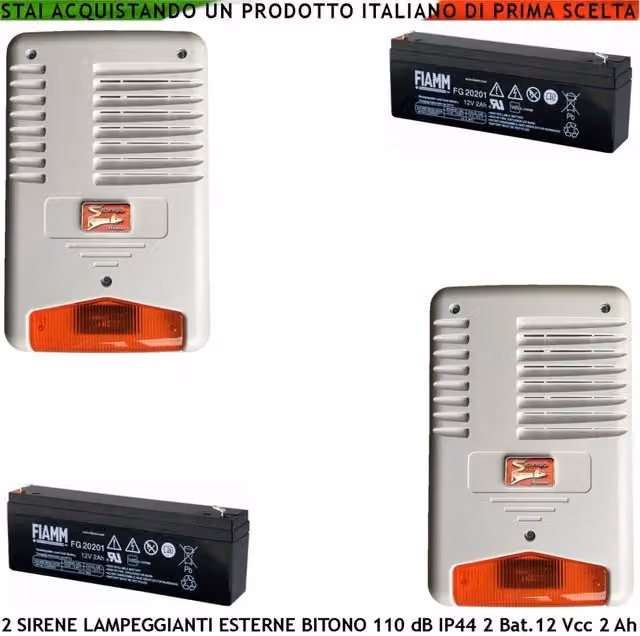 Set di 2 Sirene di Allarme da Esterno Securvera con Lampeggiatore a LED Bianco, Suono Bitono 110 dB e 2 Batterie da 12 V 2 Ah