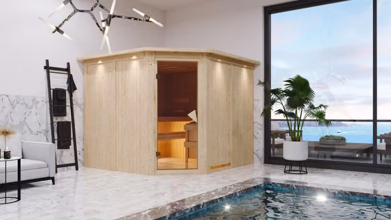 Karibu sauna cabina interna Malin sauna interna 3 panche in legno, cabina sauna con spessore parete 68 mm, sauna a vapore con materiale di montaggio