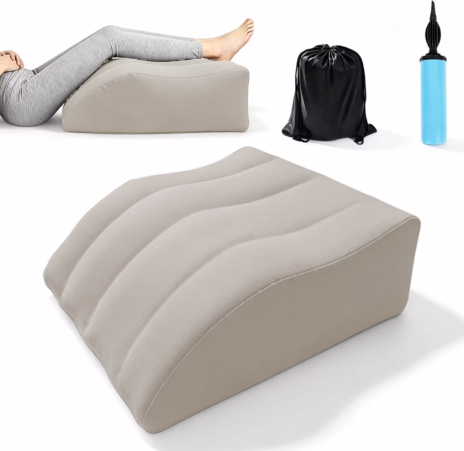 Supporto gonfiabile per le gambe, dimensioni 66x58x28 cm, ideale per viaggi, colore grigio