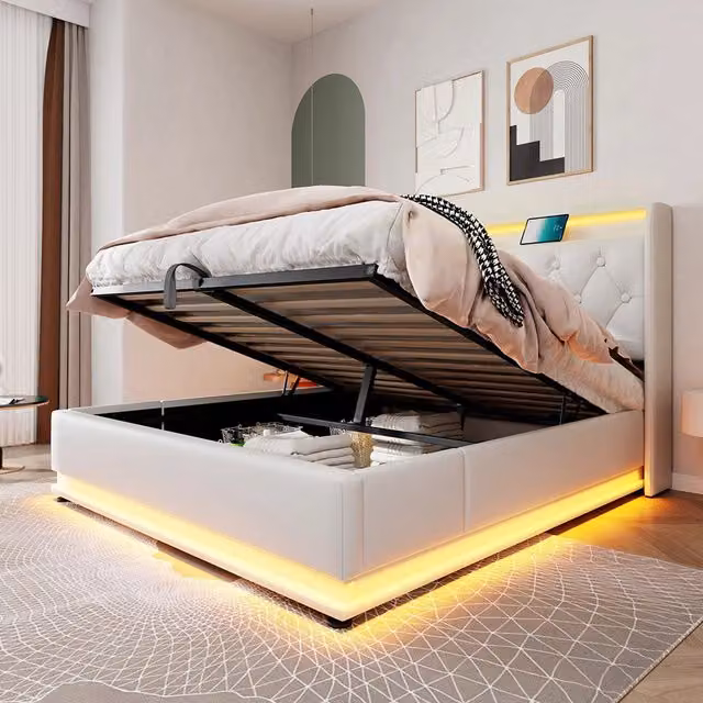 Letto a cassone per adulti - Xylo - 160x200 cm - Beige - USB Type-C, controllo app/telecomando