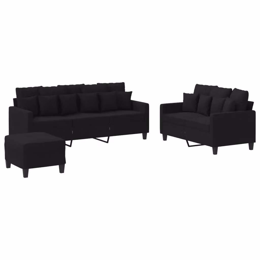 Set di divani vidaXL composto da un divano a 3 posti, un divano a 2 posti e un pouf, in tessuto nero con cuscini inclusi per il tuo soggiorno moderno – 2