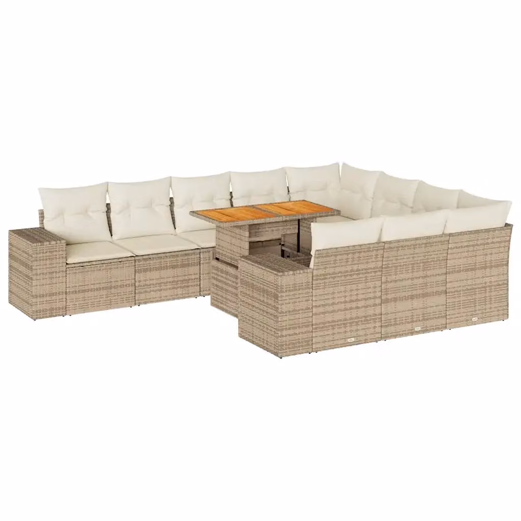 Set da giardino componibile a L con 10 pezzi vidaXL in polyrattan e legno di acacia con cuscini beige e tavolino da esterno – 2