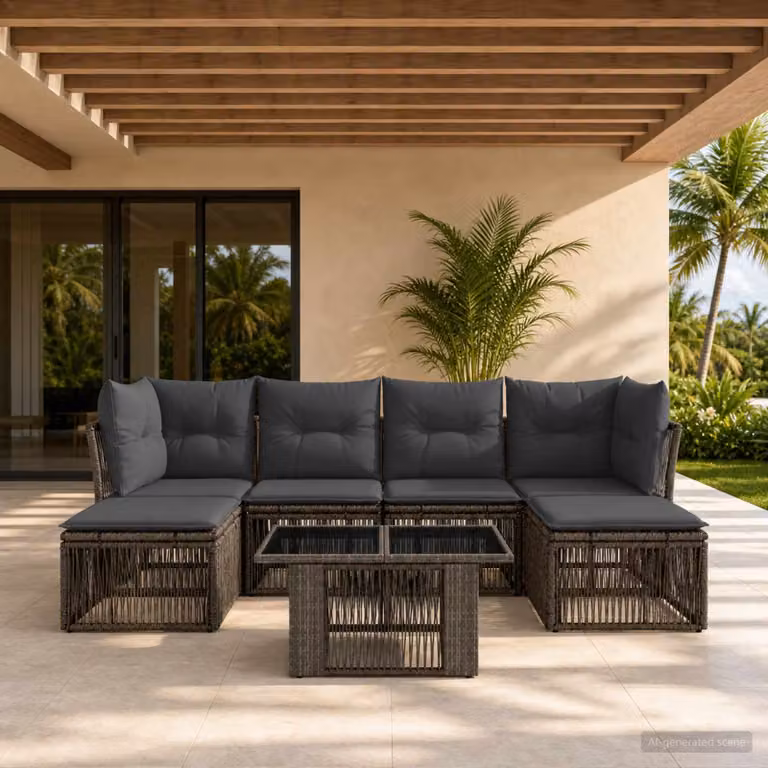 Set Divano da Giardino vidaXL 7 pz in Polyrattan Grigio con Cuscini e Tavolino da Esterno