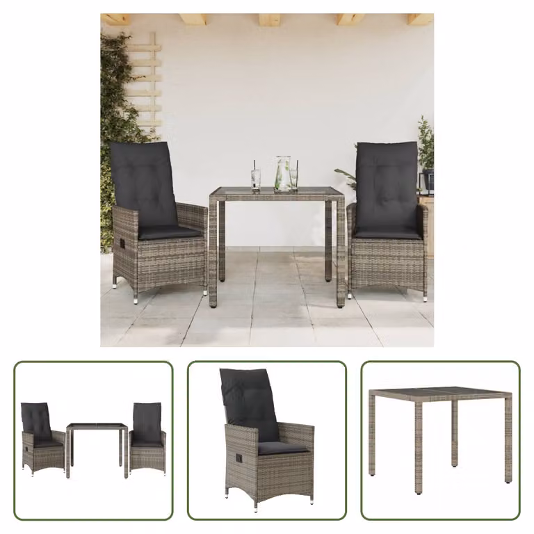 The Living Store Set bistrot 3 pezzi con cuscini in poly rattan grigio