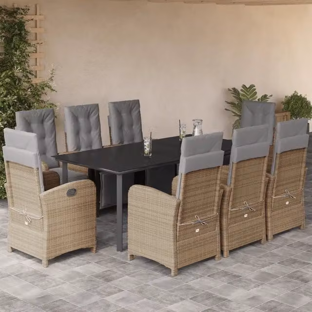 Set da pranzo da giardino vidaXL in polyrattan con cuscini beige e tavolo in vetro, 9 pezzi