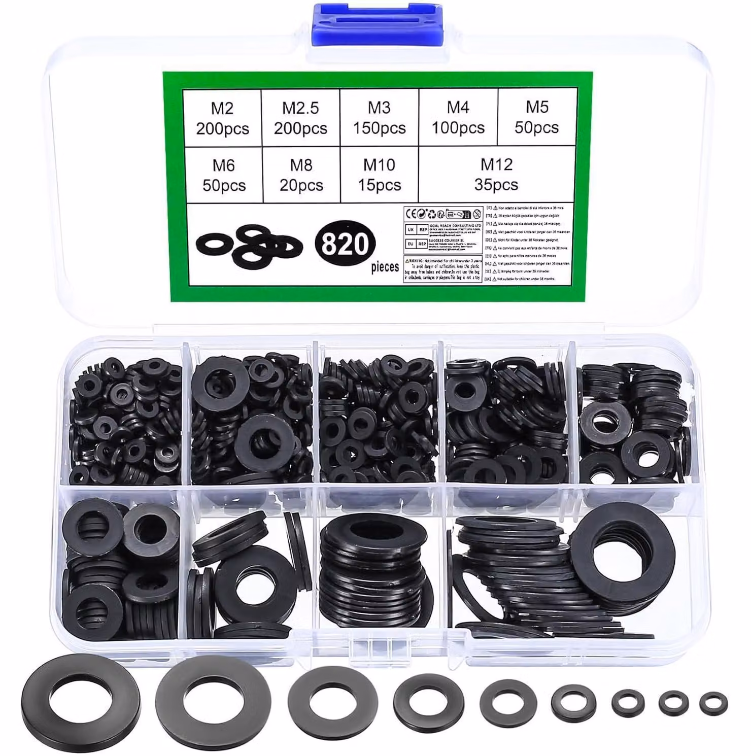 Set di rondelle in nylon nere, 820 pezzi, per viti da M2 a M12, distanziatori piatti in plastica