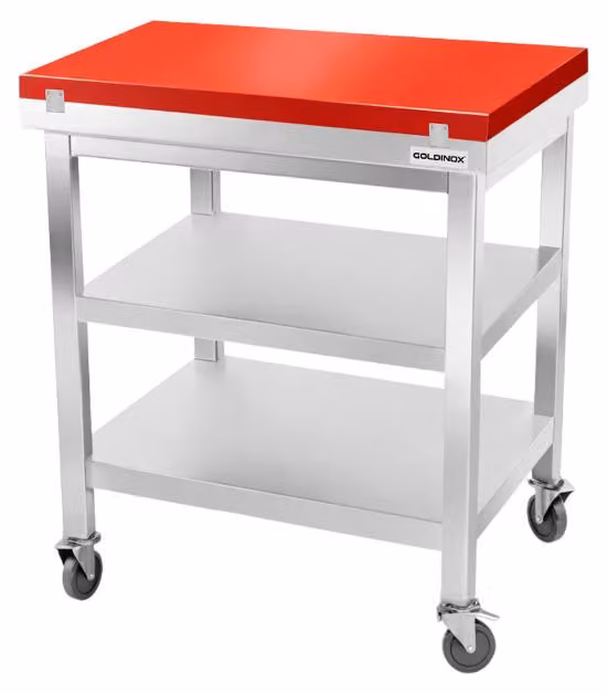 Tavolo da lavoro in acciaio inossidabile, dimensioni 800x600 mm, con piano di taglio rosso e 2 ripiani su ruote, linea PREMIUM - GOLDINOX