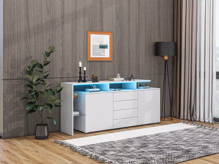 Credenza STILVORA con 4 cassetti e 2 ante, mobile laterale con illuminazione LED, mobile da soggiorno in bianco lucido, PB