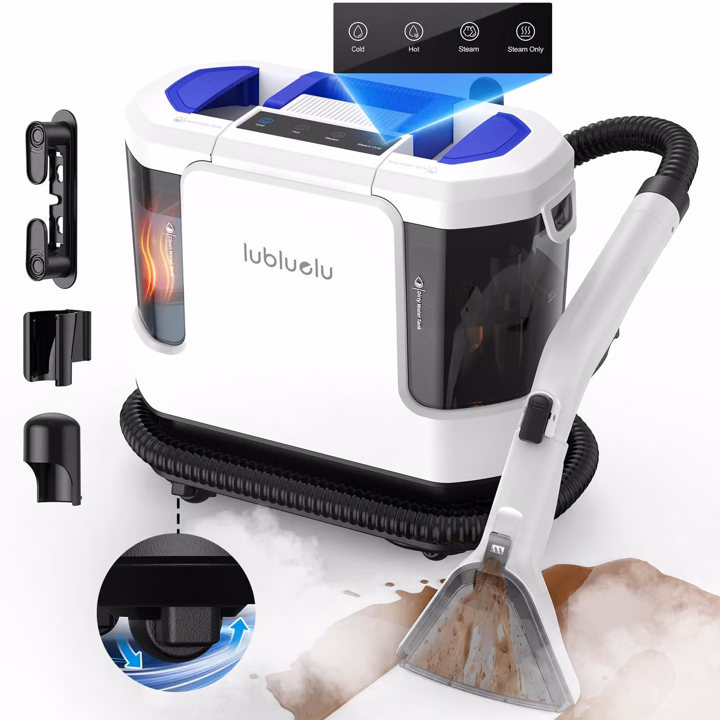 Lubluelu V11: Aspirapolvere per tappezzeria / Lavapavimenti / Aspiralavapavimenti – 30 kPa, funzione vapore, 4 modalità, 1900 W, serbatoio doppio da 1,9 l + 1,1 l – ideale per divani e automobili