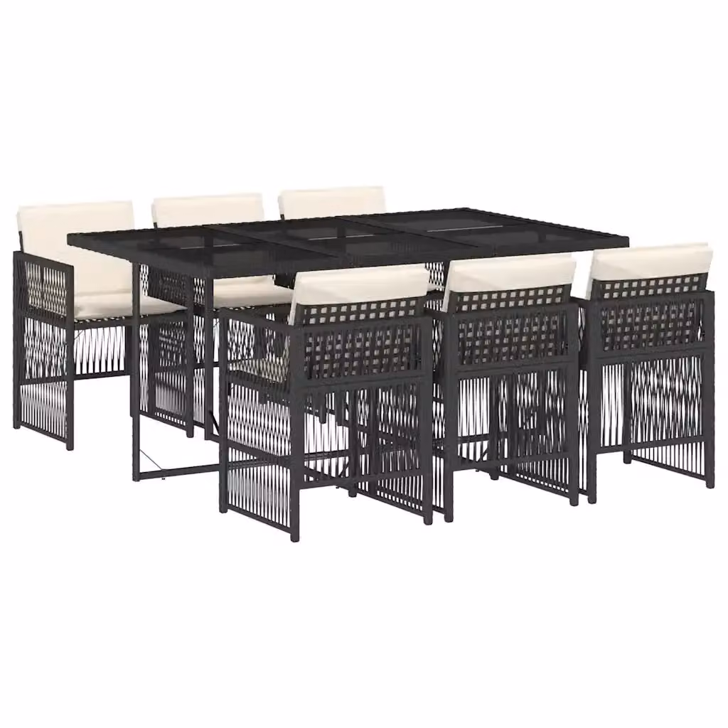 Set da Pranzo da Giardino vidaXL 7 pz in Polyrattan Nero con Piano in Vetro e Cuscini – 2