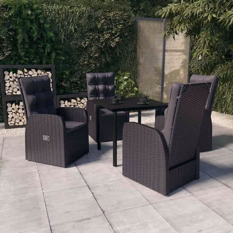 Set da pranzo da giardino vidaXL in polyrattan nero con cuscini e tavolo in vetro per 5 persone