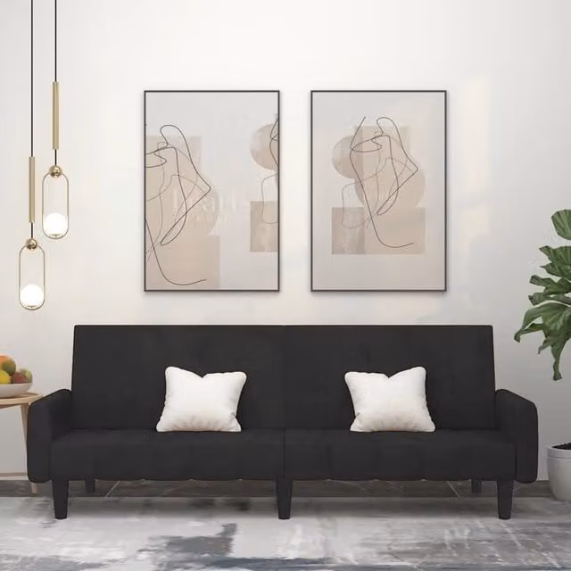 Divano Letto Click-Clack vidaXL in Velluto Nero con Struttura in Legno Solido e Poggiatesta Regolabile L: 220 cm, P: 84,5 cm, H: 69 cm