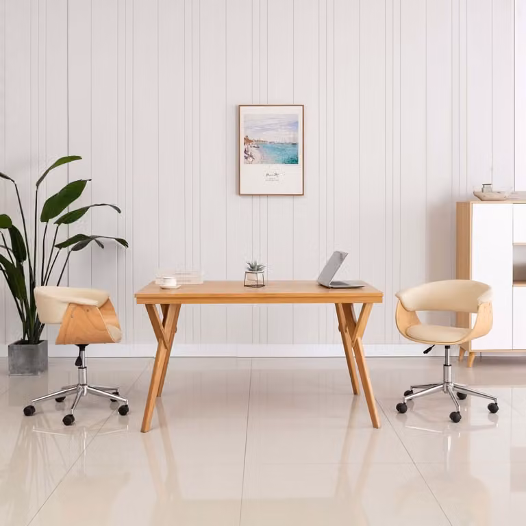 The Living Store Sedia da ufficio girevole in legno curvato e Pelle finta color crema