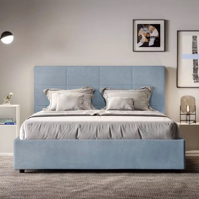 Letto imbottito Letto Matrimoniale alla Francese 150x190 cm Mika - Con rete,Microfibra,Azzurro