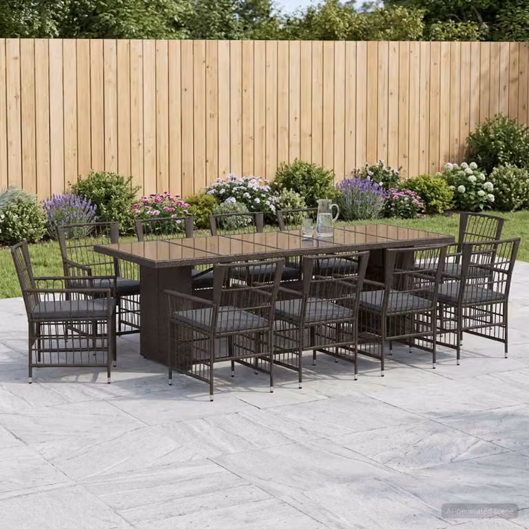 Set da pranzo per esterni vidaXL in polyrattan nero e grigio con tavolo in vetro per giardino e terrazza, 11 pezzi