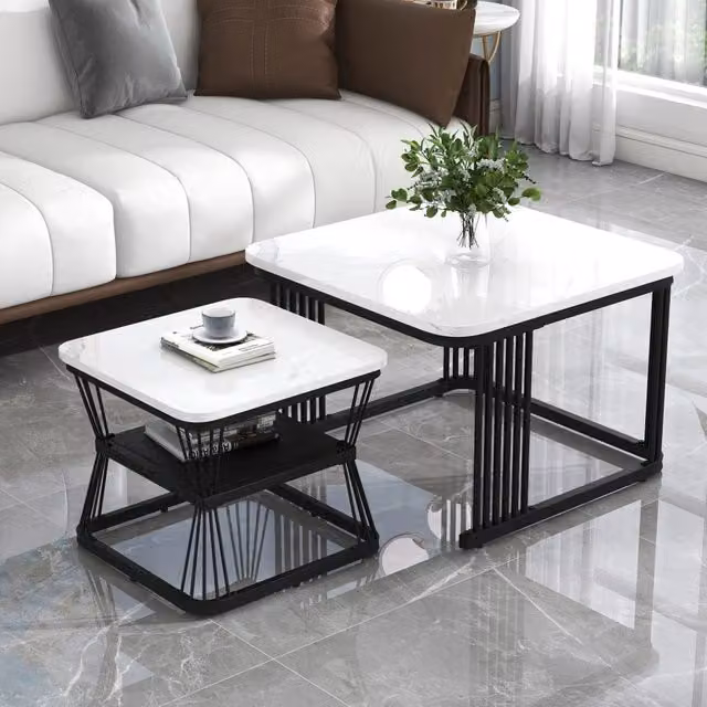 Set 2 tavolini moderni, MDF effetto marmo, struttura tubolare acciaio bianco lucido/nero, 65x65x45 cm e 45x45x39,5 cm