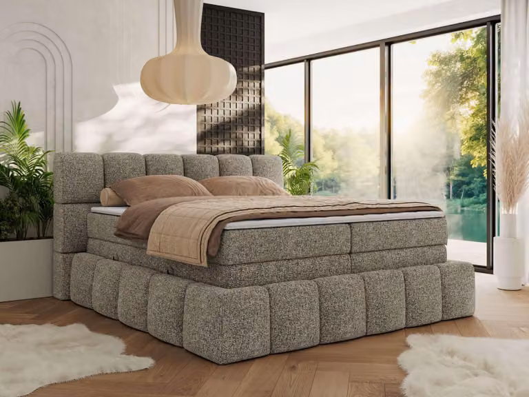 MKS MEBLE letto a molle insacchettate 140 x 200 con cassetto NIRA KING, letto imbottito 7 zone materasso multitasche e topper, letto matrimoniale - struttura grigia - H4