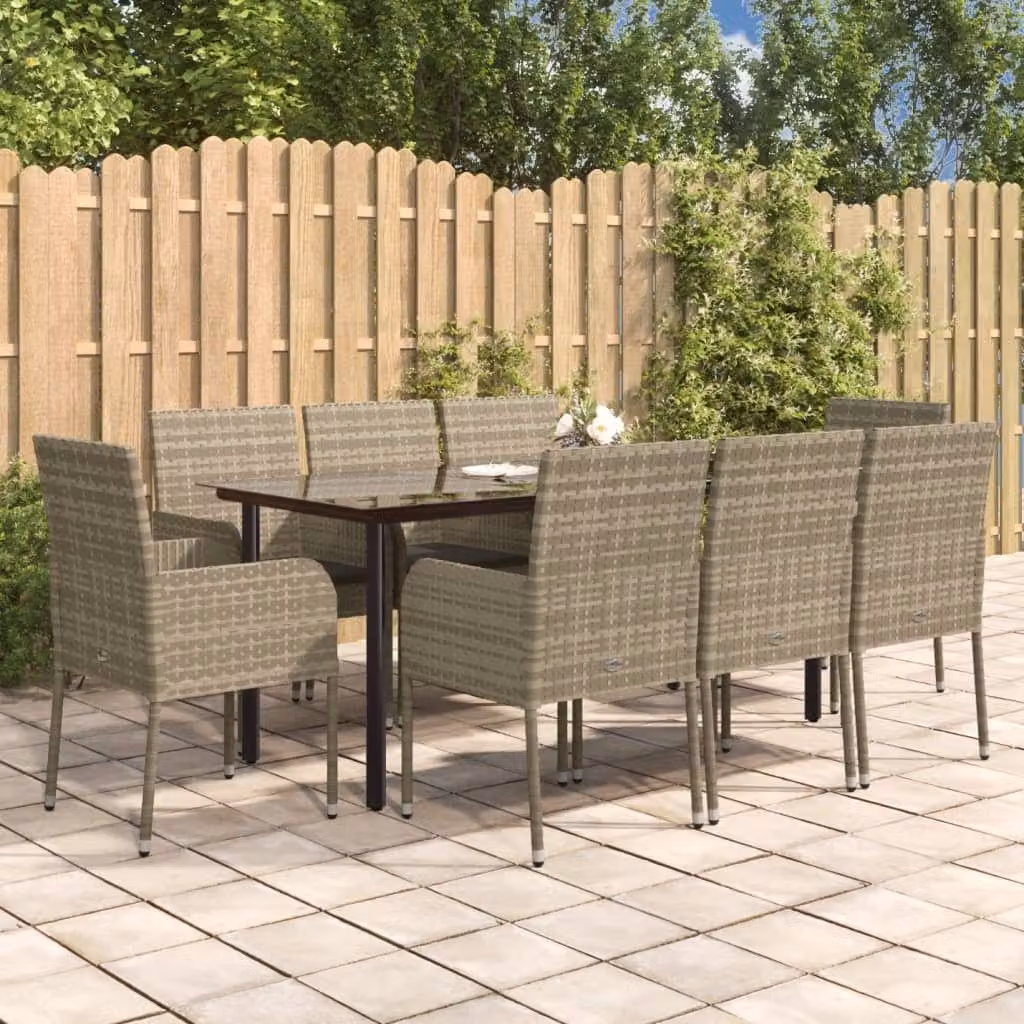 The Living Store Set da pranzo da giardino 9 pezzi con cuscini in poly rattan nero e grigio