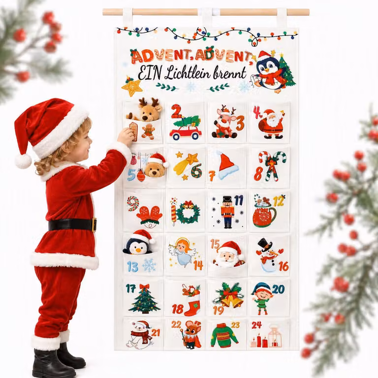 Calendario dell'Avvento in tessuto, con 24 scomparti, da riempire, color crema