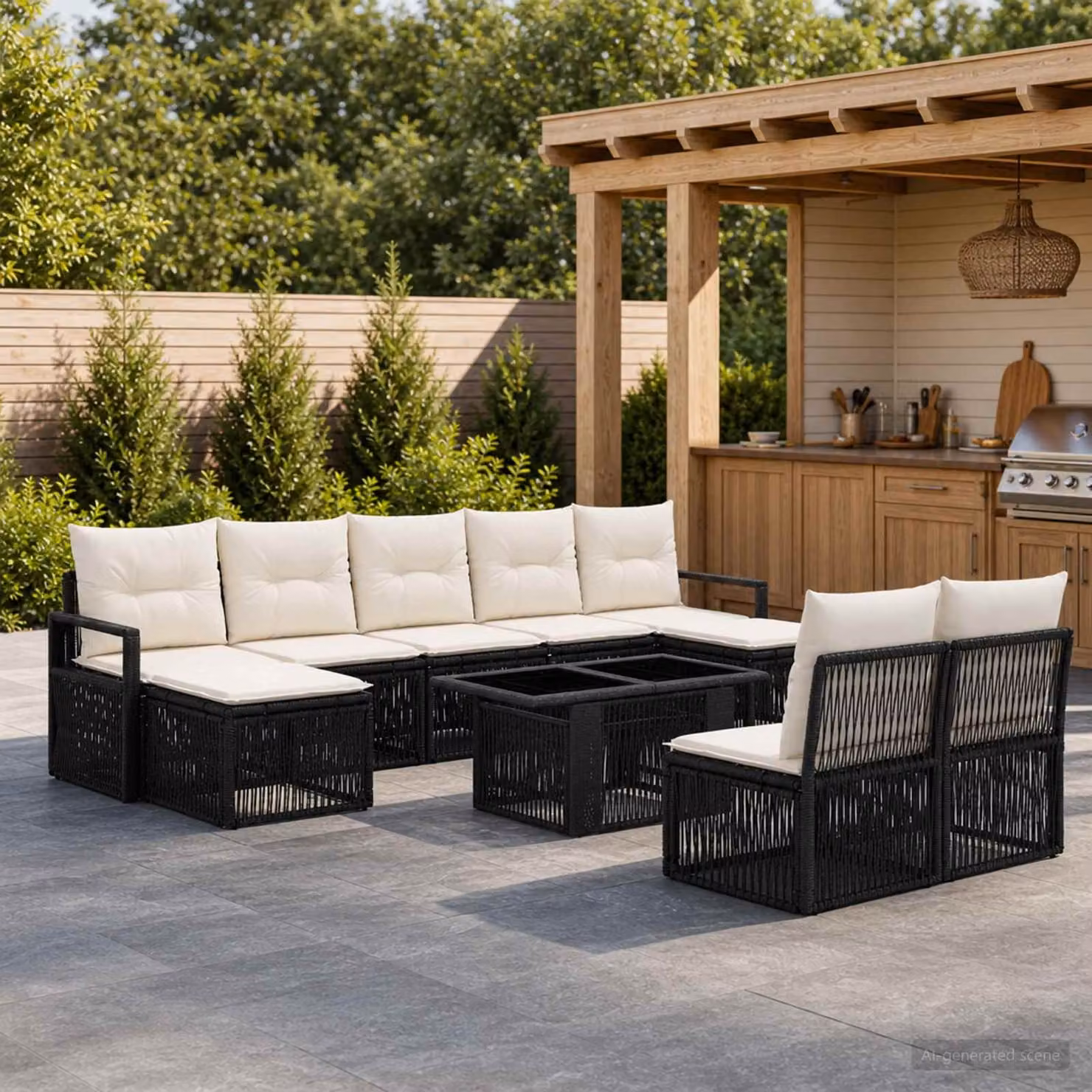 Set Divano da Giardino vidaXL 10 Pezzi a Forma di U in Polyrattan Nero e Bianco Crema con Cuscini e Tavolino