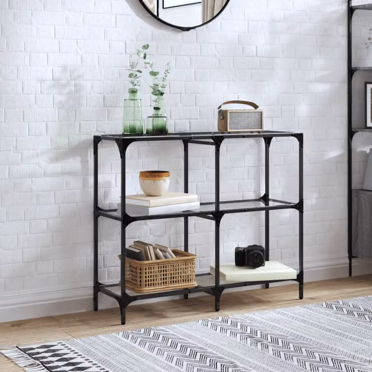 vidaXL Tavolino Consolle Moderno con Piano in Vetro Trasparente e Struttura in Metallo Nero L: 98 cm, P: 30 cm, H: 81 cm