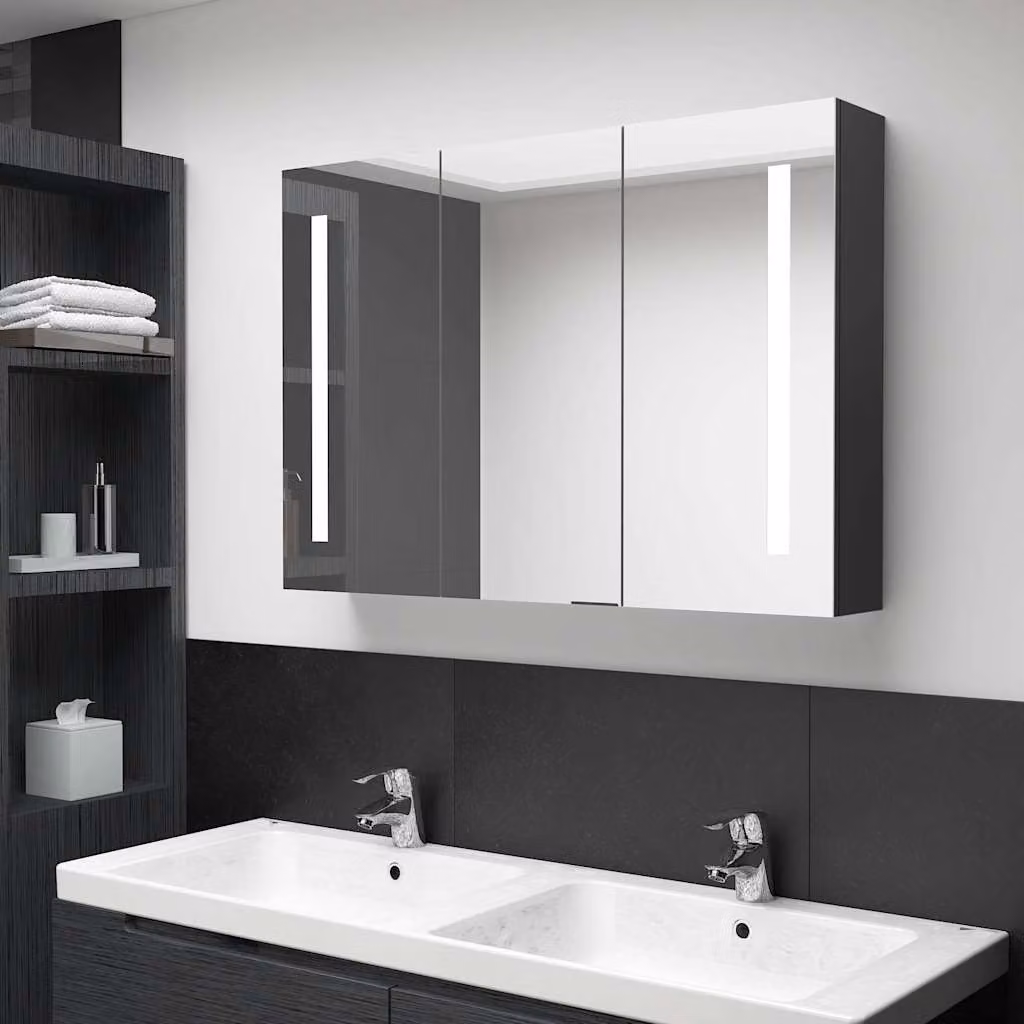 Armadietto da bagno con specchio e illuminazione LED vidaXL in nero lucido L: 89 cm, P: 14 cm, H: 62 cm – 1