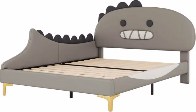Letto per bambini con testiera a dinosauro in similpelle e MDF, colore grigio, L/P/H: 200 x 140 x 110 cm – 1