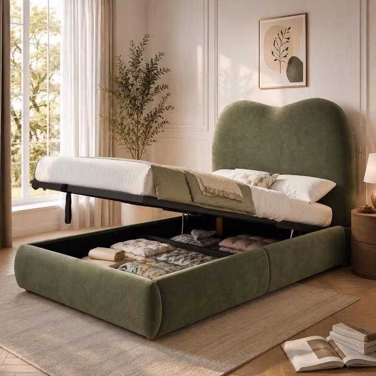 Letto imbottito 90x200 cm con spazio contenitore a sollevamento idraulico, rete a doghe e testiera imbottita da 11 cm, rivestito in velluto, colore verde, capacità di carico fino a 150 kg