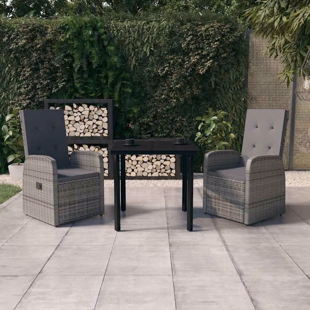 Set da pranzo da giardino vidaXL in polyrattan con tavolo in vetro e cuscini, colore grigio e nero