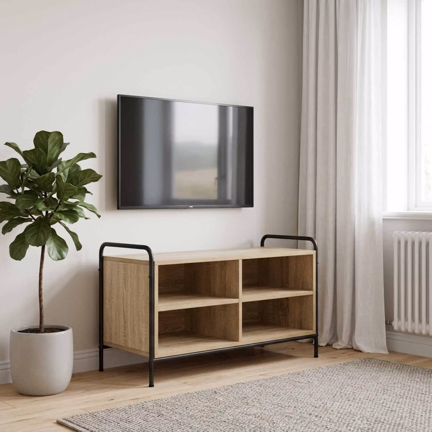 Mobile TV vidaXL moderno in legno e metallo color rovere, L 140 x P 39,5 x H 50 cm