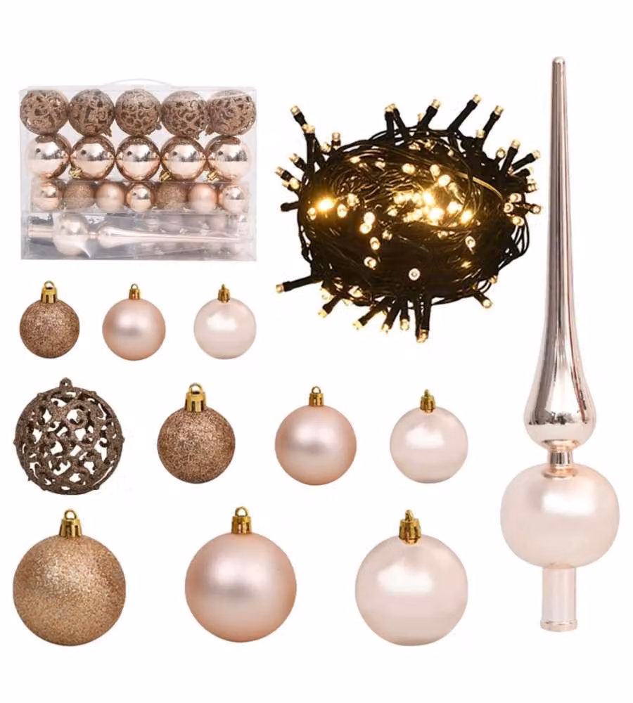 Set con 61 Palline di Natale Punta e 150 Luci LED Oro Rosato