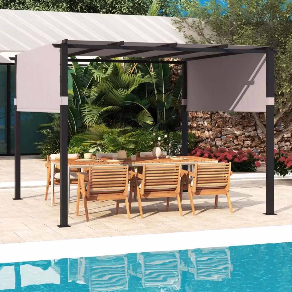 Pergola piatta DESIGN IN con tetto retrattile e 2 coperture parasole a rullo, Gazebo da esterno in metallo e poliestere, L/P: 305 x 305 cm, Grigio o Beige – 2