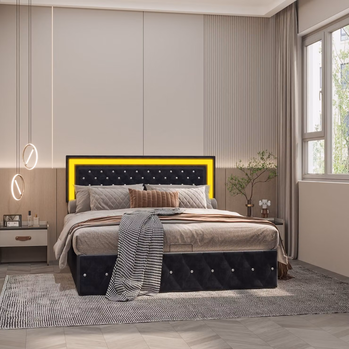 Letto matrimoniale in velluto, 160x200 cm, con spazio contenitore, dotato di luci LED e rete a doghe. Colore: nero