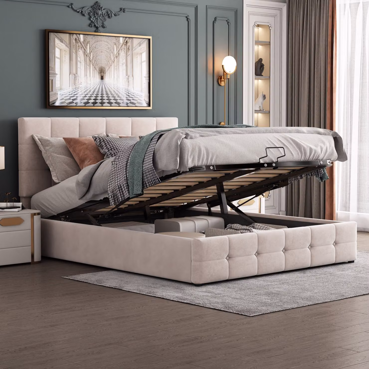 Letto imbottito Sweiko Letto contenitore idraulico con testata regolabile in altezza e rete a doghe in metallo, matrimoniale, velluto, bianco panna 140x200 cm (senza materasso)